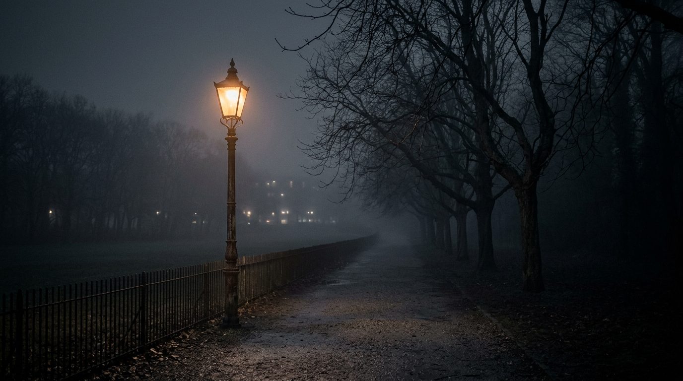 Farol encendido en la niebla junto a un parque