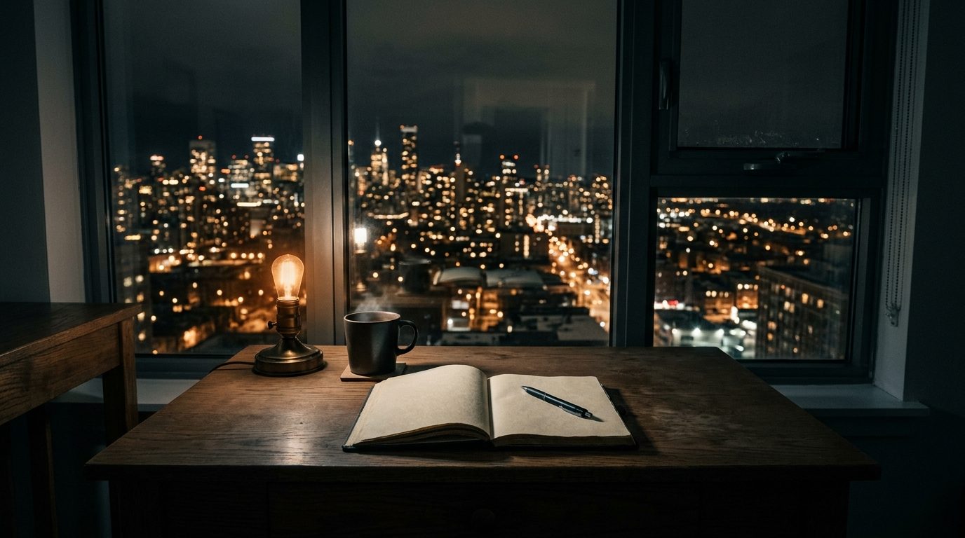 Escritorio frente a una ventana con la ciudad de noche