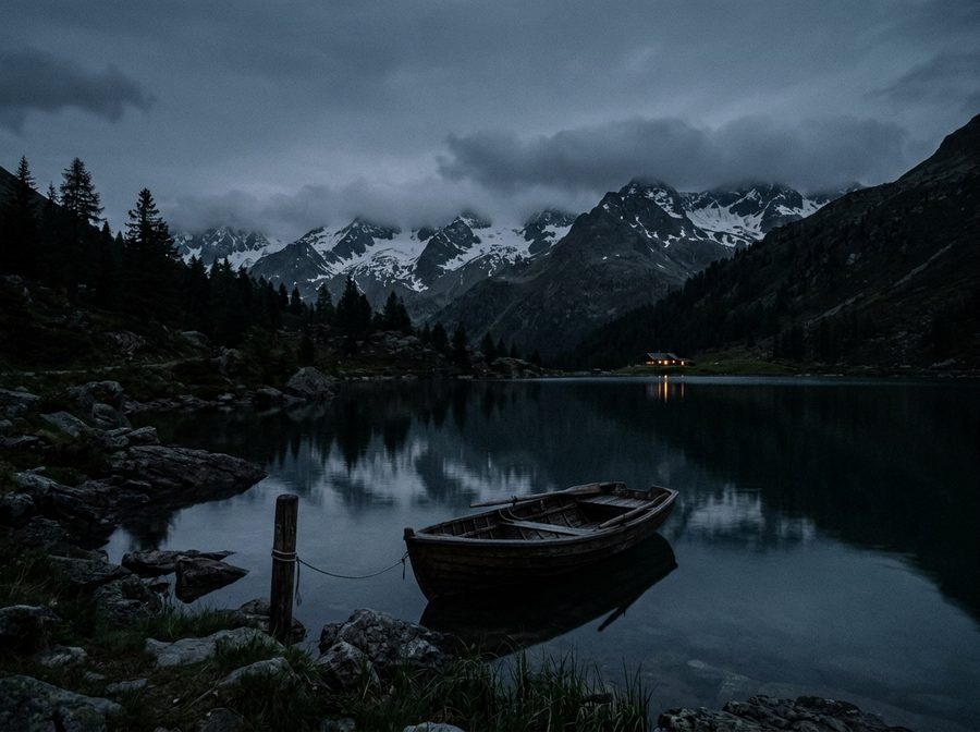 Lago entre montañas al anochecer