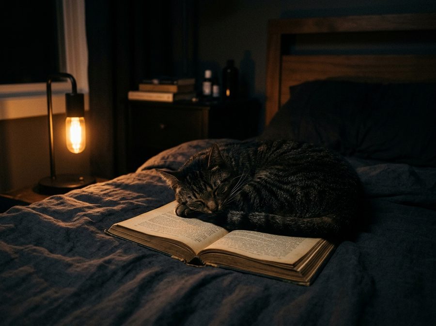 Gato dormido sobre un libro