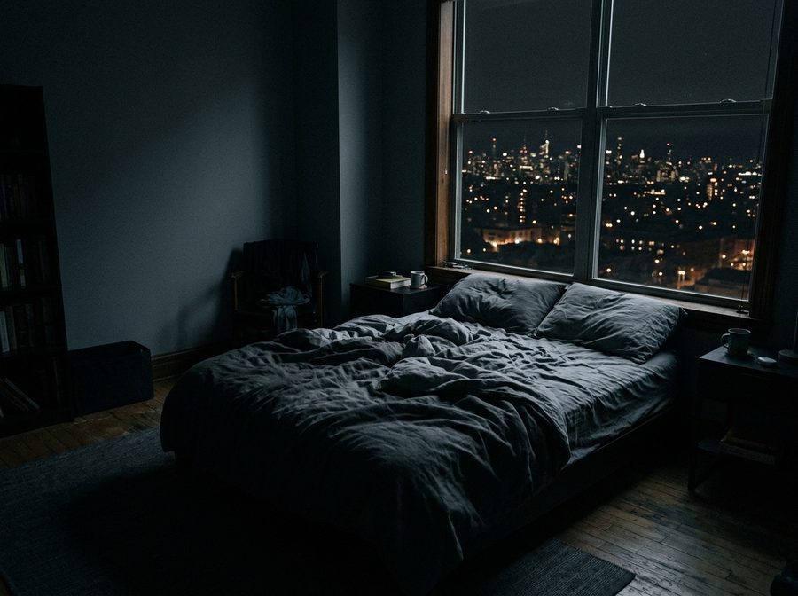 Habitación oscura frente a la ciudad