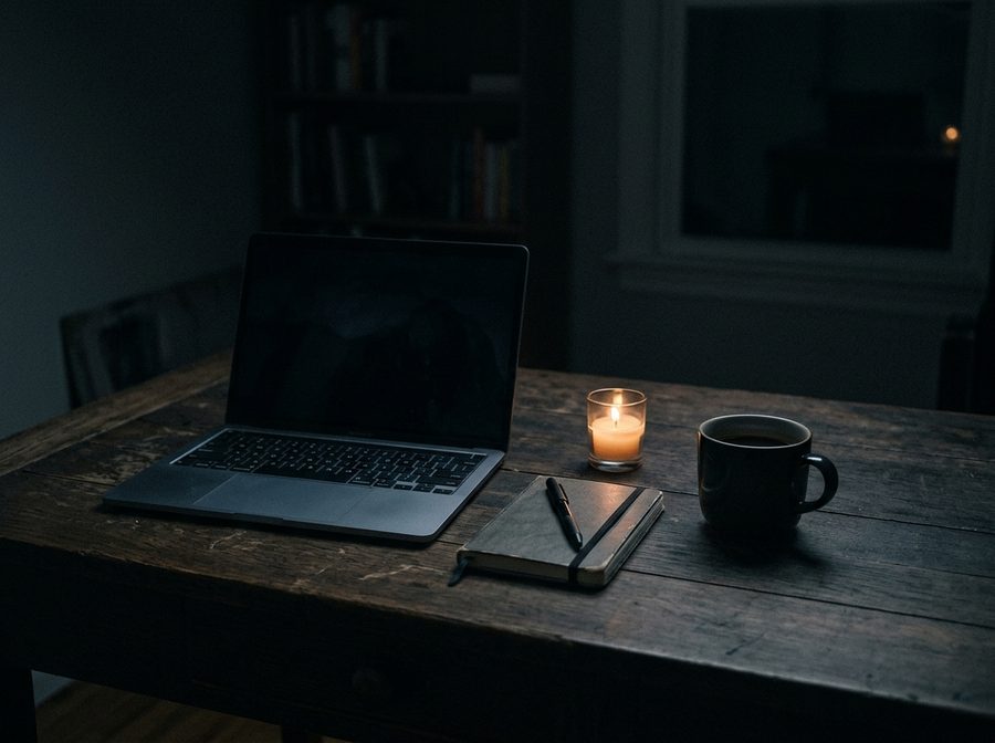 Escritorio iluminado por una vela